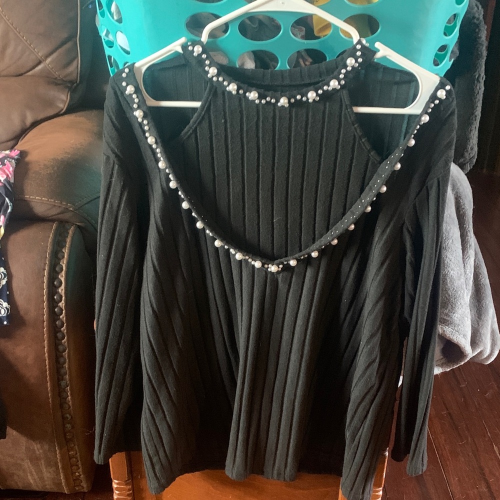 Black Ribbed Top with Pearl Accents